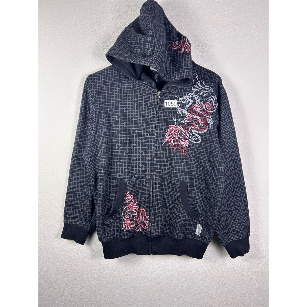 Silver Point Mens Dragon Embroidered Full Zip Hoodie Black Y2K Geometric Small